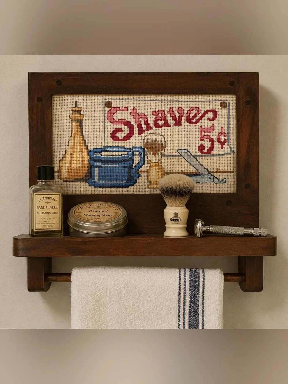 Vintage Needlepoint Shaving Sign Wooden Bathroom Shelf Towel Rack Shaves 5 Cents